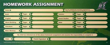 Homework Assignment Sheet from Accelerated Christian Education