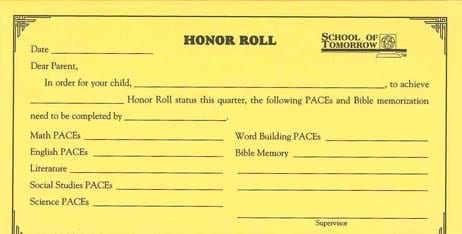 Honor Roll Projection Form from Accelerated Christian Education