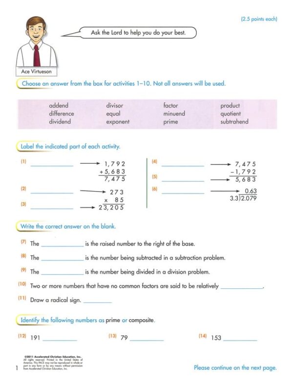 7th Grade Math Pace Set (4th Edition) from Accelerated Christian Education ACE